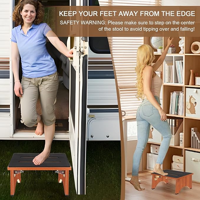 Step Stool Foldable, Wooden Step Stool with Non-Slip Rubber Stepping Feet, Folding Platform Step Stools for Adults Seniors in Kitchen, Home, Bedroom, Office, Rv, Easy to Carry,450 LBS Capacity (Brown)