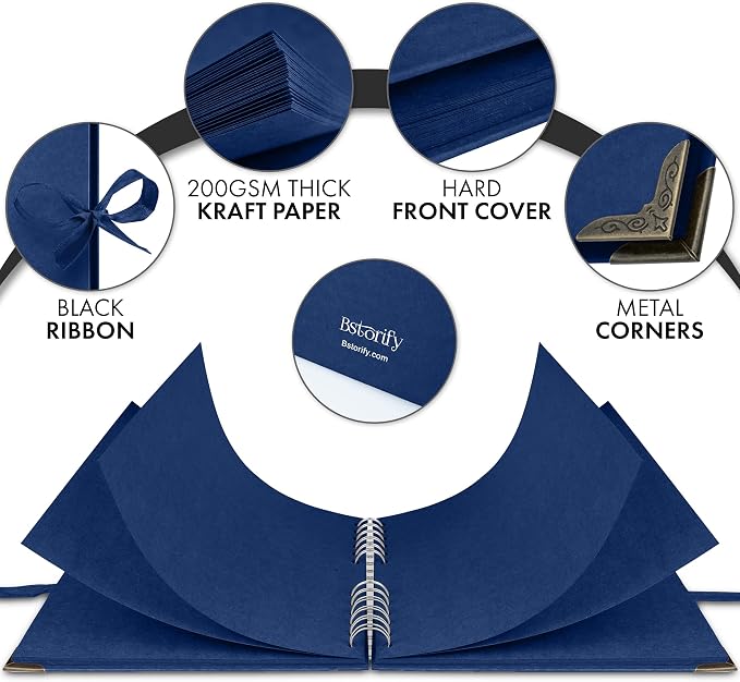 Bstorify Square Scrapbook Photo Albums 8 x 8 Inch Blue Hardcover with Ribbon Closure - Ideal for Scrapbooking, Art & Craft Projects