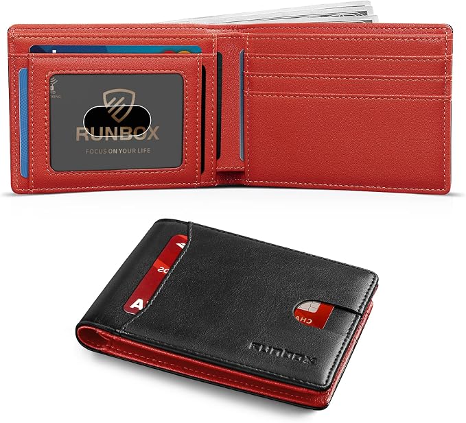 RUNBOX Wallet for Men, Slim Leather Bifold, RFID Blocking Card Holder | Minimalist Front Pocket Design, Credit Card Organizer, Holds 11 Cards, Large Capacity, Thin Profile, Birthday Gifts for Men
