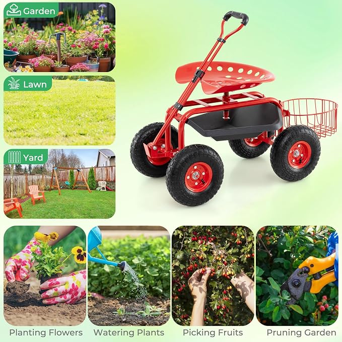 Garden Seat with Wheels, Rolling Stool with Extendable Handle, Storage Basket & Tool Tray, Garden Scooter with 360 Degree Swivel Seat for Outdoor & Yard (Red)