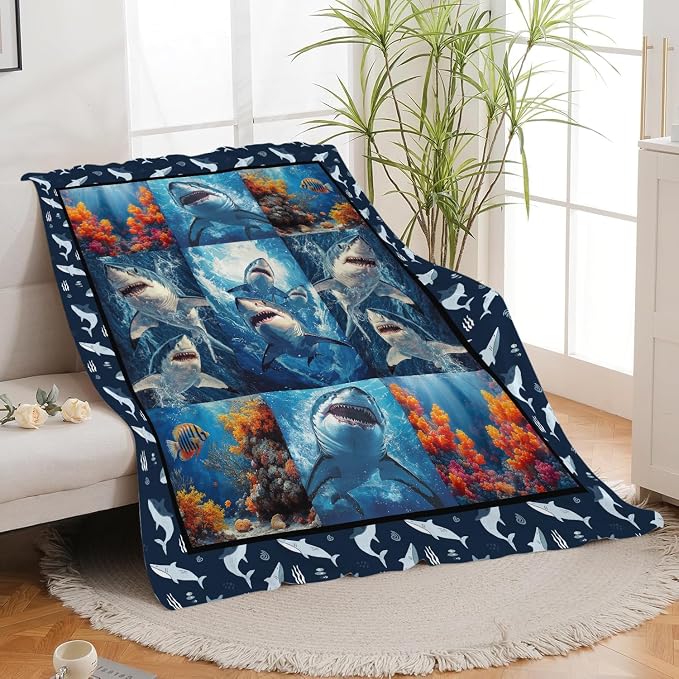 Yibuda Shark Blanket Ocean Underwater Flannel Plush Throw Blanket Cozy Nautical Coral Decor Fleece Stuff Blanket Gifts for Lover Girls Boys Kids Adults Women Bed Travel 60"x80"