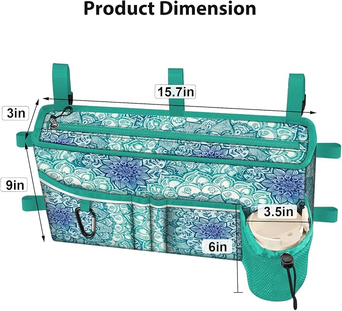 FINPAC Large Walker Tote Bag w/Cup Holder, Folding Walker Attachment Pouch | Water-resistant Polyester, Organized Pockets, Reflective Strip, Mobility Aid Storage Basket for Seniors, Emerald Illusions