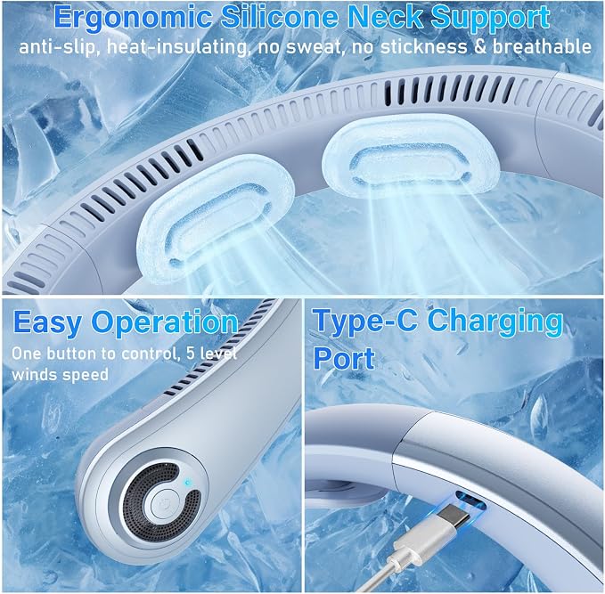 5000mAh Portable Neck Fan, [16H Long Lasting] Bladeless Personal Fan, 5 Speeds Wearable Fan for Neck, Ultra Quiet Rechargeable Cooling Fan for Travel, Outdoor, Hot Flashes, Golf, Office