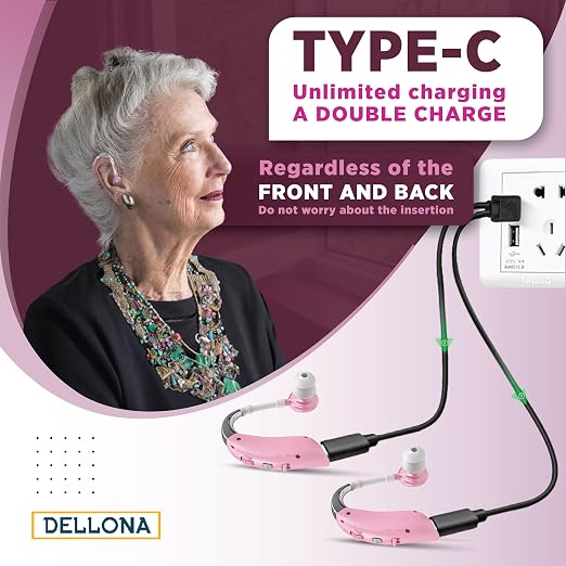 DELLONA High-Performance Hearing Aids for Seniors, OTC Rechargeable Hearing Aid for People with Severe Hearing Loss with Intelligent Noise Reduction (Pair), 4 Modes - Comfortable Hearing Aid devices for elderly, Over The Counter Hearing Aids (Pink)