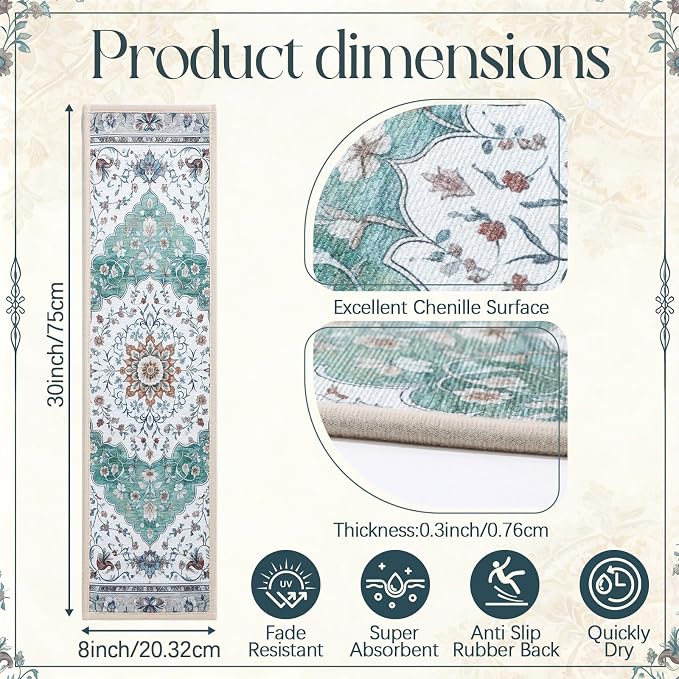 Dunzy 15 Pcs Non-slip Stair Treads for Wooden Steps 30x8 Inch, Peel and Stick Chenille Carpet Treads, Vintage Floral Medallion Print Stair Rug, Residue-free Adhesive, Machine Washable for Seniors Pets