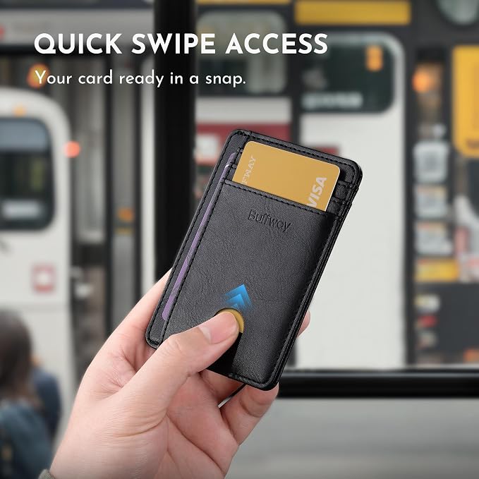 Buffway Slim Minimalist Front Pocket RFID Blocking Leather Wallets for Men and Women - Slate Black | Slim