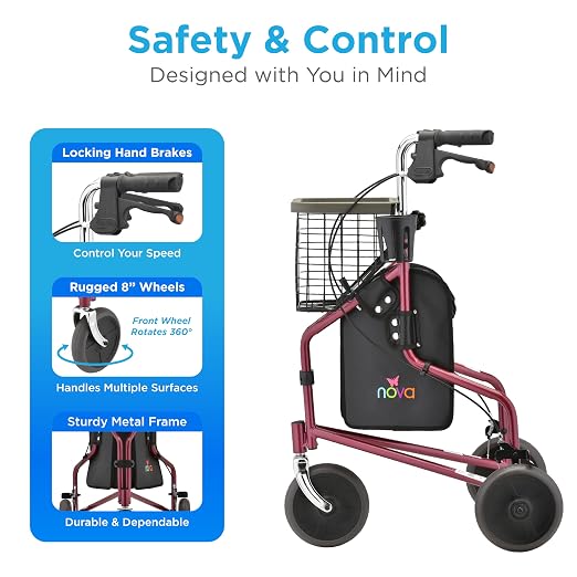NOVA Traveler Folding 3-Wheel Walker with Tray, Basket, Pouch & Cup Holder, Lightweight Mobility Aid for Seniors & Adults, 8” All-Terrain Wheels for Tight Spaces & Travel, Red