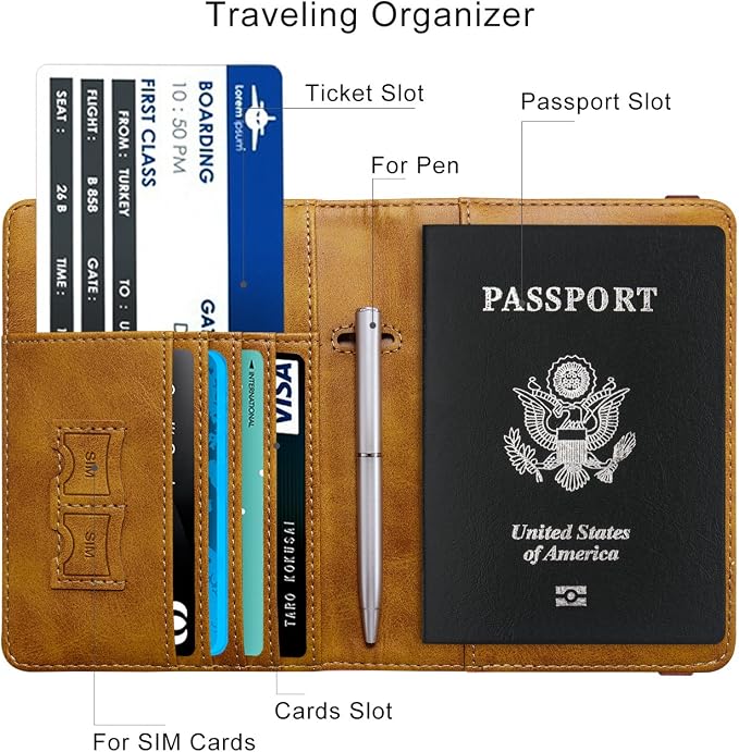 WALNEW Passport Holder for Travel, RFID Passport Wallet, Travel Essentials | PU Leather Passport Cover Case with Pen Holder, Travel Must Haves Accessories, Passport Book Holder for Women Men