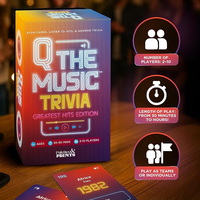 Q The Music – Music Lyric Party Trivia Quiz Card Game for Adult and Family Game Nights, 2-10 Players, Scan, Listen to Iconic Hits, and Answer Trivia – Adult Games for Parties