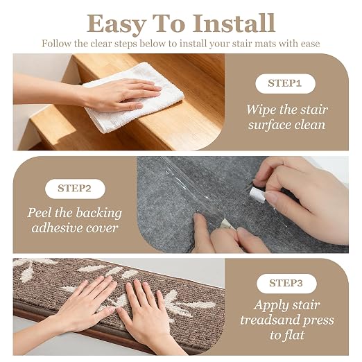 Carpet Stair Treads, Non-Slip Stair Treads for Wooden Steps Indoor | Stair Runner for Pets, Non Skid Staircase Step Treads Washable Reusable, Stair Protectors 30" x8" Set of 7, Brown