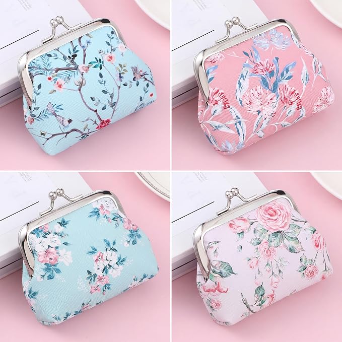 Liliaafar 4 Pcs Mini Backpack Keychain Mini Coin Purses for Women Cute PU Leather Makeup Bag with Keychain, Multi Pocket Card Holder Cable Organizer Giftable Zipper Pouch (Floral)