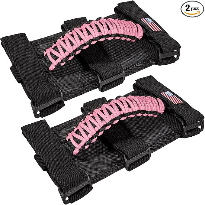 Roll Bar Grab Handles Grip Handle for Jeep Wrangler JK JKU JL JLU TJ YJ Sport Sahara Freedom Rubicon Unlimited Gladiator JT 1955-2023 UTV ATV Accessories Premium Paracord US Flag (Pink 2 Pack)