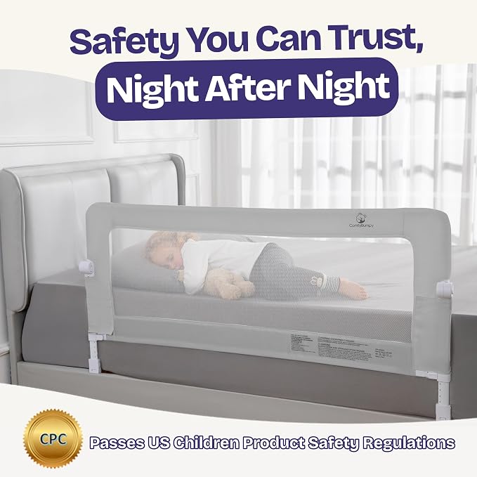 ComfyBumpy Premium Adjustable Bed Rail for Toddlers, Swing-Down Safety Guard, Height Adjusts 24.4"–32.3"H, Extra-Long 55.5", Sturdy Steel & Breathable Mesh, For Twin, Full, Queen & King, Gray, 1-Pack