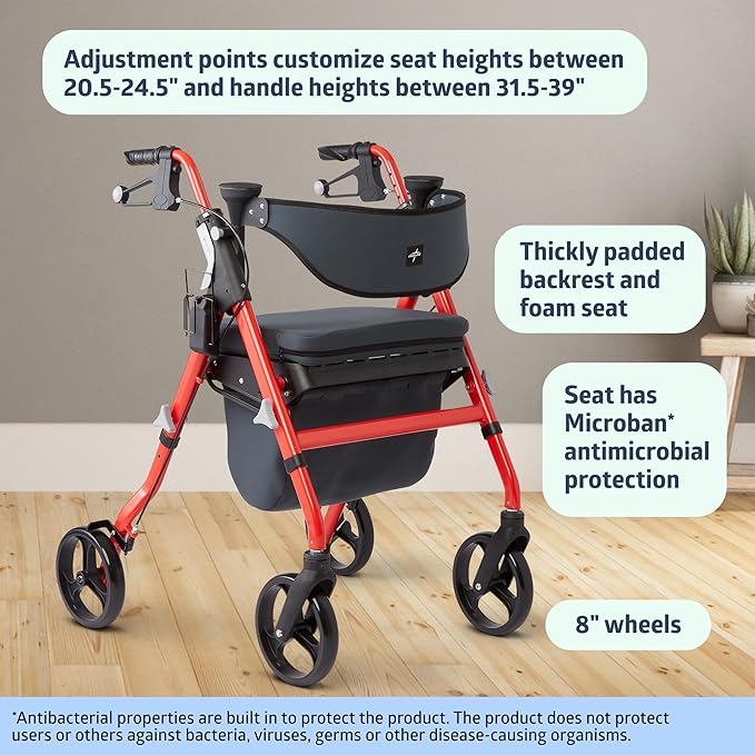Medline Rollator Walker with Seat, FSA/HSA Eligible Rollator Walker for Seniors, 8” Wheels, Memory Foam Seat, Folding Rollator, 300 lb Capacity, Cupholder, Microban* Protection, Red
