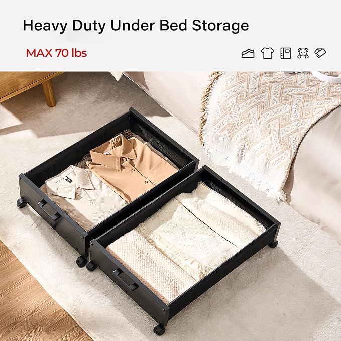 FOUCSSOMEI Under Bed Storage with Wheels, Wooden Under Bed Drawers On Wheels, Rolling Under Bed Shoe Storage, Space Saving, Black,30L