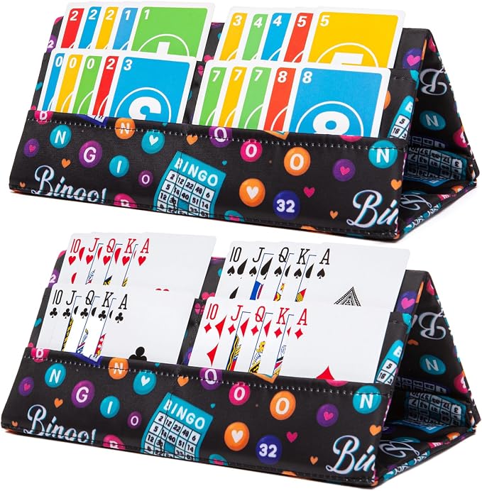 2 Pack Playing Card Holder for Bingo – Portacartas para Bingo, Durable Foldable Card Stand with Colorful Bingo Ball Design, Hands-Free Card Organizer for Seniors, Family Game Night & Travel