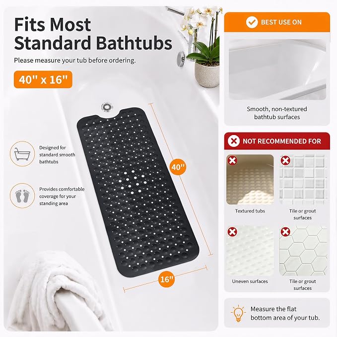 Yimobra Non Slip Bathtub Mat 40 x 16 Inch, Extra Long Shower Mat with Drain Holes, Machine Washable Baby Bath Mats, Strong Suction Cups for Bathroom Floor, Black