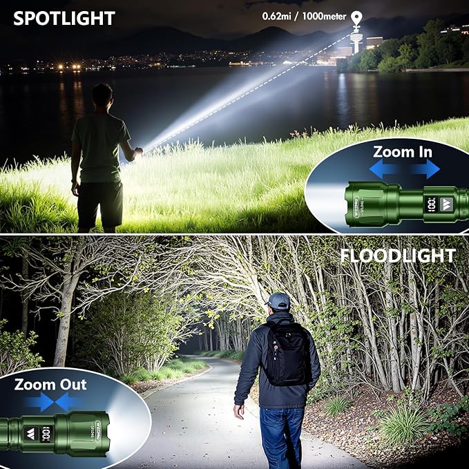 WdtPro LED Rechargeable Flashlight 2 Pack, 3 Modes Super Bright High Lumens Flashlights, Zoomable Tactical Flash Light with LCD Display, IP65 Waterproof Flashlights for Home Emergency Camping - Green