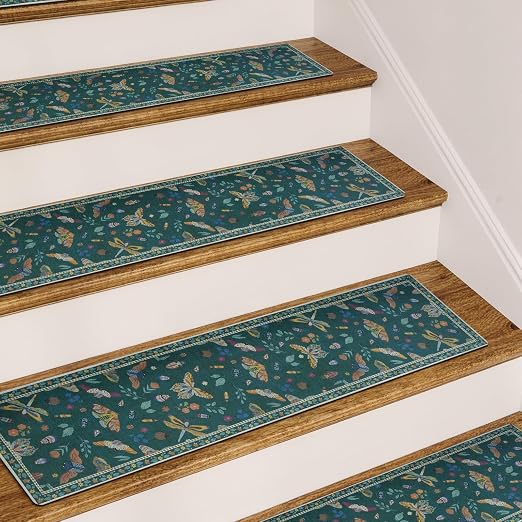 OJIA Insect Stair Treads Non Slip Stair Runner for Wooden Steps 4PCS 8"x30" | Rubber Carpet Stair Treads for Wood Stairs Indoor Staircase Step Treads for Kids & Dogs, Stair Covers, Dark Green
