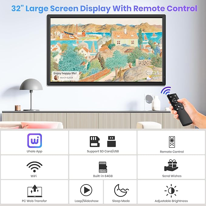64GB 32" Large Digital Picture Frame, Uhale WiFi Electronic Photo Frames with 1920 x 1080 FHD IPS Screen, Support Auto-Rotate Wall Mounted SD&USB Card, Share Photos/Videos from Phone Instantly