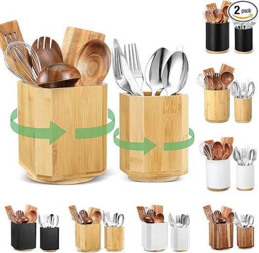 2 Pack Wooden Utensil Holder, 360°Rotating Kitchen Cooking Utensil Crock, Spoon Spatula Holder for Kitchen Counter, Farmhouse Countertop Organizer ()