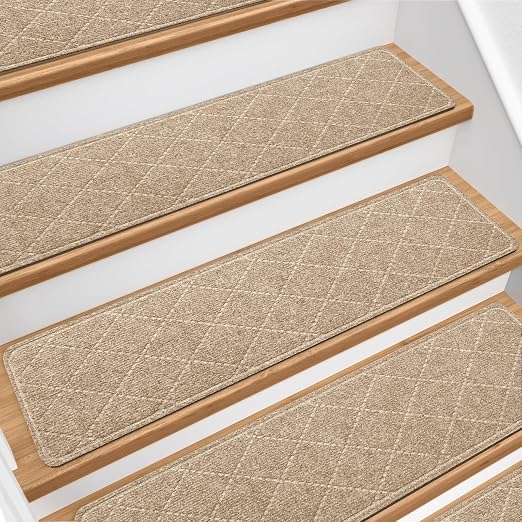 Stair Treads for Wooden Steps 15 PCS Non Slip Stair Rugs Khaki | 8x30in Self-adhesive Stair Runner Strips, Machine Washable, Indoor Carpet for Stairs, Stair Protection for Kids Pets Elderly