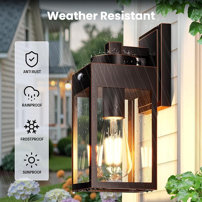 Gleamz Motion Sensor Outdoor Garage Lighting Fixture, Anti-Rust, Waterproof | Bronze Exterior Porch Lights Wall Mount with Gold Trim, Outdoor Wall Lantern for House, Front Door, Easy to Install, 2-Pack