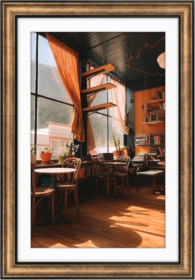 Golden State Art, 13x19 Photo Frame with Mat for Pictures 11x17 and Real Glass (Dark Gold Brown & Bronze Pewter Panel with White Color Mat, 1.25 Inch Frame Border)