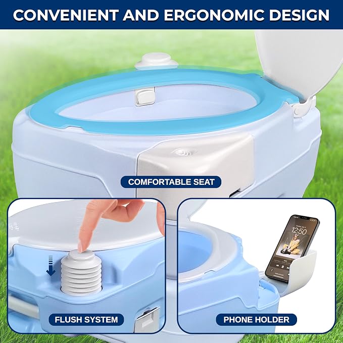 SereneLife 4 Gal Portable Camping Toilet For Adults, 100+ Flushes, Porta Potty Camp Toilet with Phone Holder, Hand Sprayer, Plastic Funnel for Camping, Hiking, and Boating