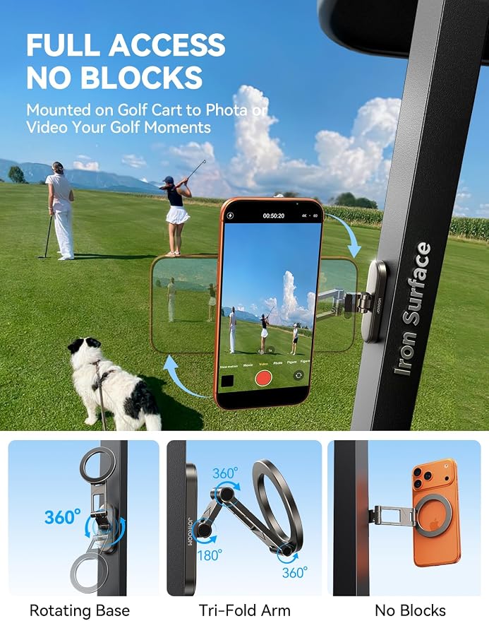 Upgraded Magnetic Golf Cart Phone Holder, [Tri-Fold+All Alloy] 2026 Unique Gifts Golf Cart Accessories for Men Golfers Him Father, Compatible with MagSafe iPhone 17-12 for Club Car, EZGO, Yamaha