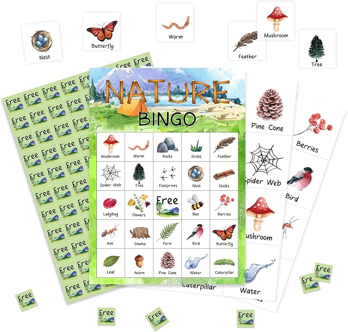 Nature Bingo Game Cards, Forest Trip Bingo Games for Adults, Natural Cards Supplies, Camping Field Birthday Party Decor Favors, Card Gifts for Hiker Women Friends Family Holiday, 05