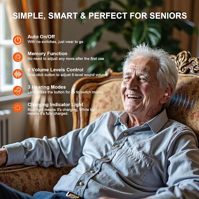 KMB Hearing Aids for Seniors with Noise Cancelling, Rechargeable Hearing Aids with 4-Modes Sound Processing 6 Volume Levels and 80H Charging Case for Women Men Hearing Loss