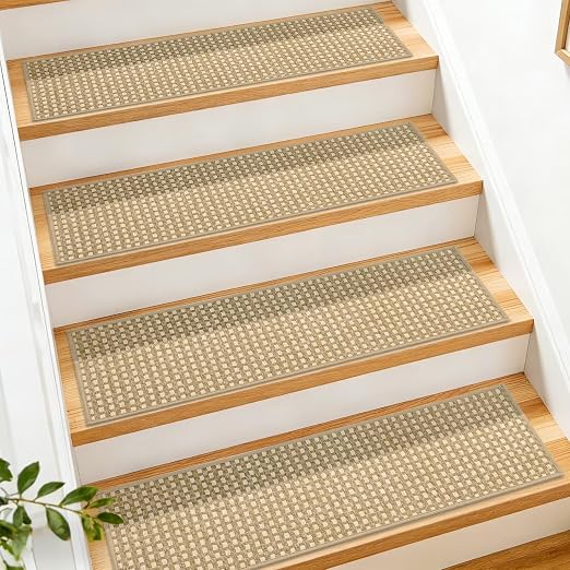 DEXDE Stair Treads for Wooden Steps 7-Pack Non-Slip Indoor, 9" x 30" Beige | Chenille & Linen Blend Carpet Stair Runners Backing, Soft Self-Adhesive Washable Stairway Step Covers for Kids Elders Dogs