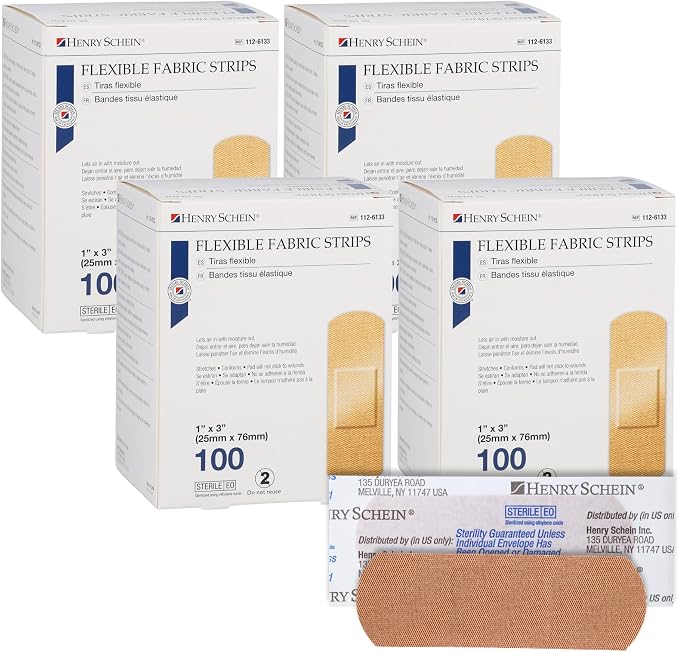 Henry Schein Fabric Adhesive Strip Bandages 1" x 3", Sterile, 200 Ct | Latex Free, Tan, Non-Stick Pad, Everyday Cuts and Scrapes, 4 Boxes of 100, Perfect for First Aid Kits, Home and Medical Use