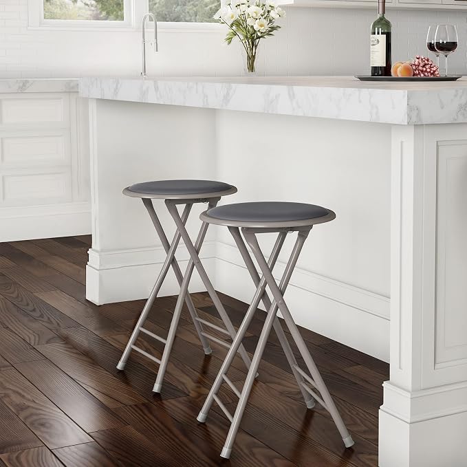 Lavish Home Folding Stool with Padded Backless Seat Set of 2, Gray, 24” | Counter Height Bar Stools with 225lb Capacity, Portable Indoor & Outdoor, Extra Seat for Kitchen, Rec Room or Camping