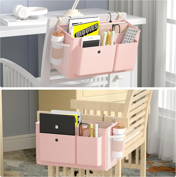 Bedside Caddy Bedside Storage Hanging Organizer for Bunk Dorm Bed Rail | Bed Caddy with Hooks, Top Bunks and Dorm Essentials for Water, Tissues, Tablets, Books, Phones, Remotes and Other Necessories