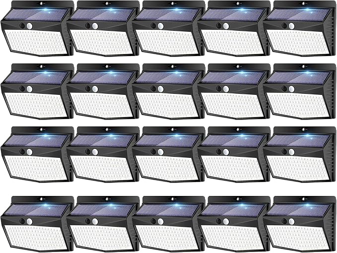 20 Pack Solar Motion Sensor Lights Outdoor Waterproof with 3 Modes | Cool White, Black Frame, LED, Solar Powered, Security Lighting for Outside Wall Garden Fence Yard Deck Patio Garage
