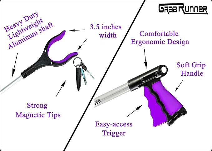 32 inch Foldable GrabRunner Reacher Grabber Tool with Magnetic for Seniors, Disabled, After Surgery Recovery(Dark Purple)