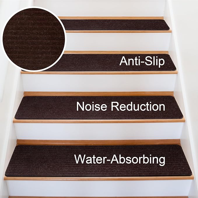 Extra Wide Non Slip Stair Treads for Wooden Steps –15 Pack 9" x36'' Extra Wide Carpet Runners with Reusable Adhesive, Step Pads for Dogs, Kids, Seniors, Machine Washable – Brown