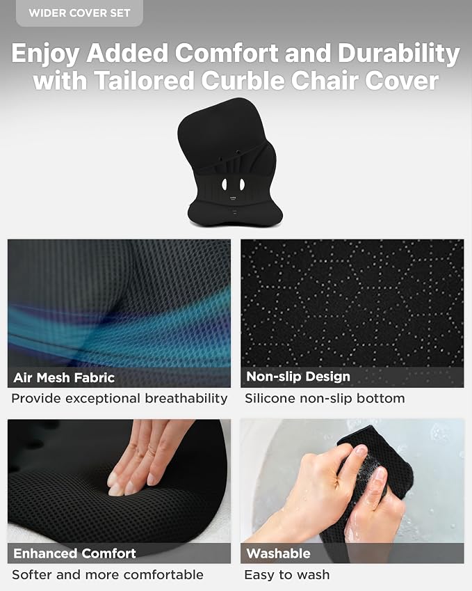 curble Wider – Ergonomic Desk Chair Seat Cushion, Everyday Passive Posture Trainer for Work from Home, Office & Car, Breathable Lumbar Support (Black)
