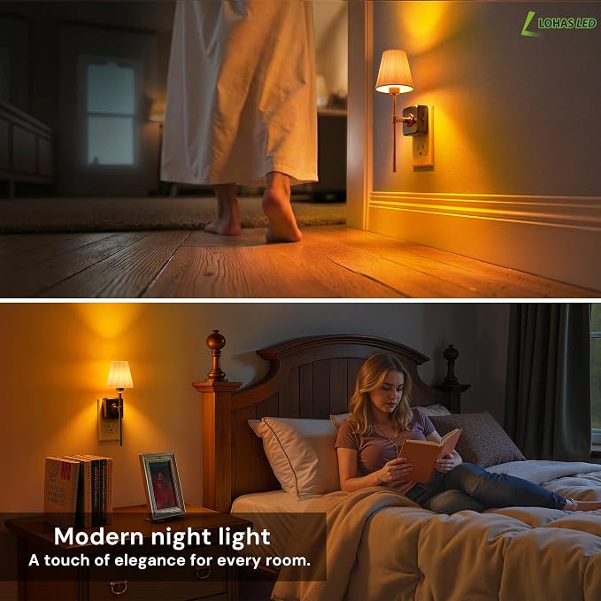 L LOHAS LED Night Lights Plug into Wall, Pleated Fabric Cover Night Light | 2 Pack Amber Night-light with 0-100LM Dimmable, Dusk to Dawn Sensor Vintage Nightlight for Bedroom Living Room Hallway