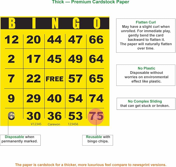 250 Bingo Cards, Large 4.5 x 4.5 Inch, Yellow, Paper Bingo Sheets | 8 Color Options, Premium Cardstock, Disposable with Daubers or Reusable with Chips — Proudly Made in USA