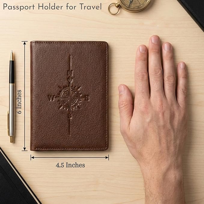 SETTINI® Genuine Leather RFID Passport Holder Wallet for Travel Compass | RFID blocking, genuine leather, passport + card slots, travel wallet, gift for travelers