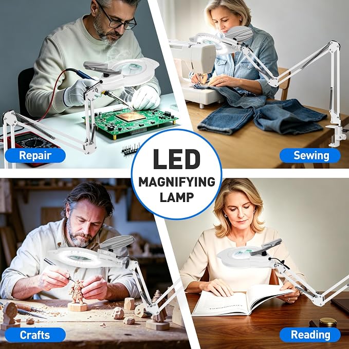 KIRKAS 12X 30X LED Magnifying Lamp with Clamp, 2,200 Lumens Dimmable Bright | 35in Adjust Swivel Arm Magnifying Glass with Light for Repair Reading Craft Needlework Workbench Magnifier Dust Cover White