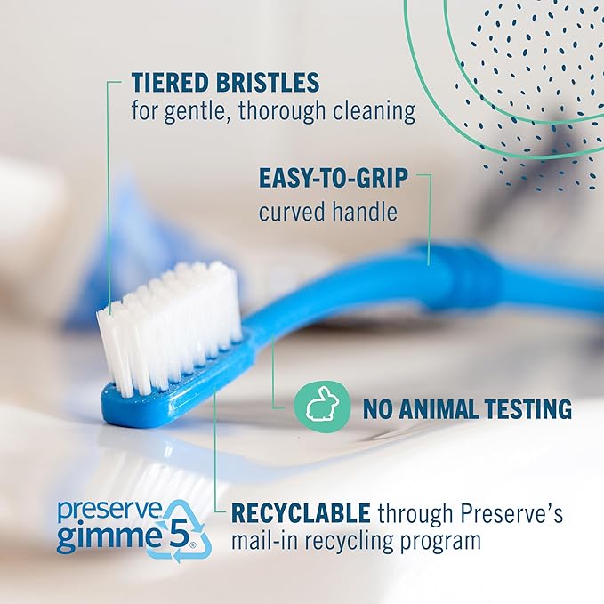 Preserve Eco Friendly Adult Toothbrushes, Made in The USA from Recycled Plastic, Lightweight Paper Packaging, Ultra Soft Bristles, Colors Vary, 3 Count