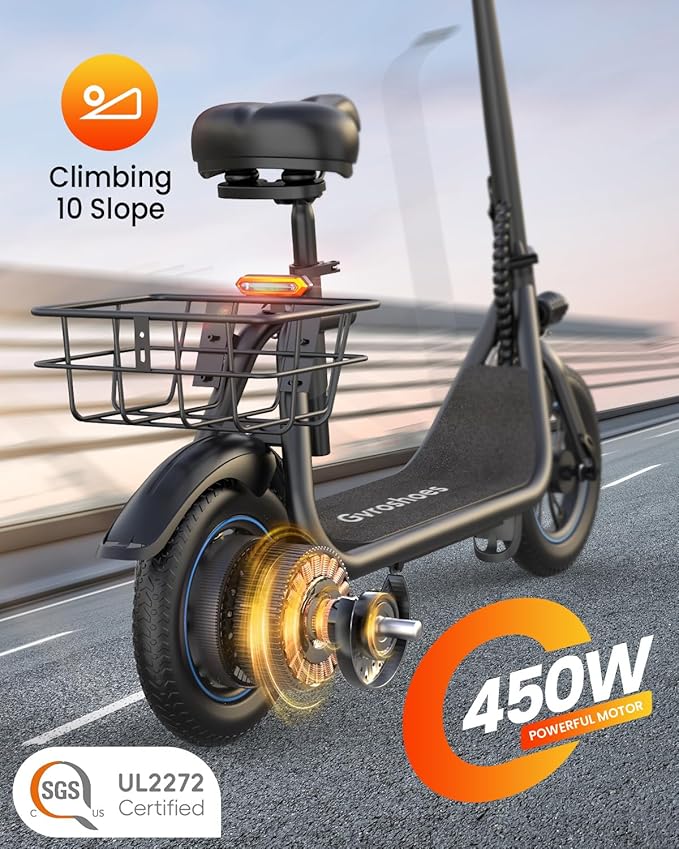 Gyroshoes Electric Scooter with Seat for Adults & Teens, 550W Powerful Motor, 20-Mile Range, Speed up to 18.6MPH, Ample Storage for Pets & Cargo, Electrically-Powered Motor Scooters