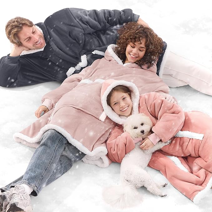 JOYWOO Pink Wearable Blanket Hoodie, Oversized Cat Lovers Sweatshirt Blanket for Adult & Teens, Birthday Gifts for Women Mom Girl Boys,Cozy Sherpa Blanket Giant Pocket Gifts,Dusty Pink Small