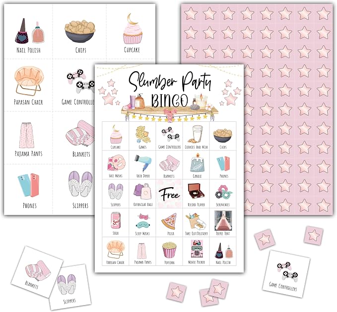 Slumber Party Bingo Games - Girls Sleepover Party Bingo Card - 24 Players Bingo Game Set for Adult Family Friends - Pajama Party Activities - Bridal Shower Party Favors Supplies -C04