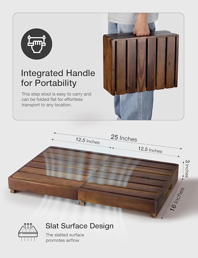 HOLANA 25in Wood Step Stool for Adults - Foldable Stepping Stool for Adults, Half Steps for Seniors - Acacia Wood Platform, Mobility Step - Wooden Platform 500 Lbs, Integrated Handles (Walnut Color)