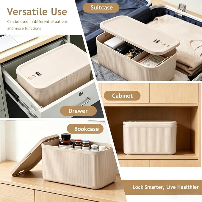 Lockable Storage Box with Code, Taller Lockable Storage Container for Medication, Food, Refrigerator Snack, Phone, Phone Jail Food-Safe BPA-Free Medicine Lock Box, Beige